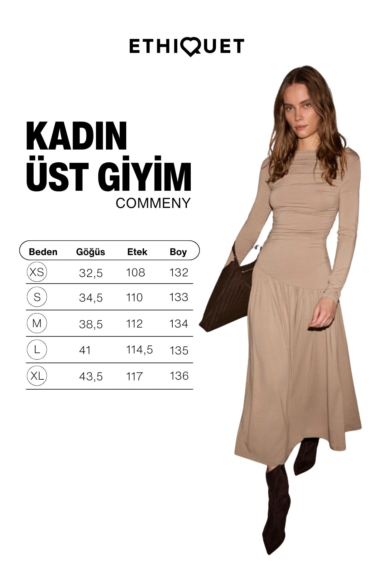 ETHIQUET COMMENY Damen Ballonhals Kleid Beige