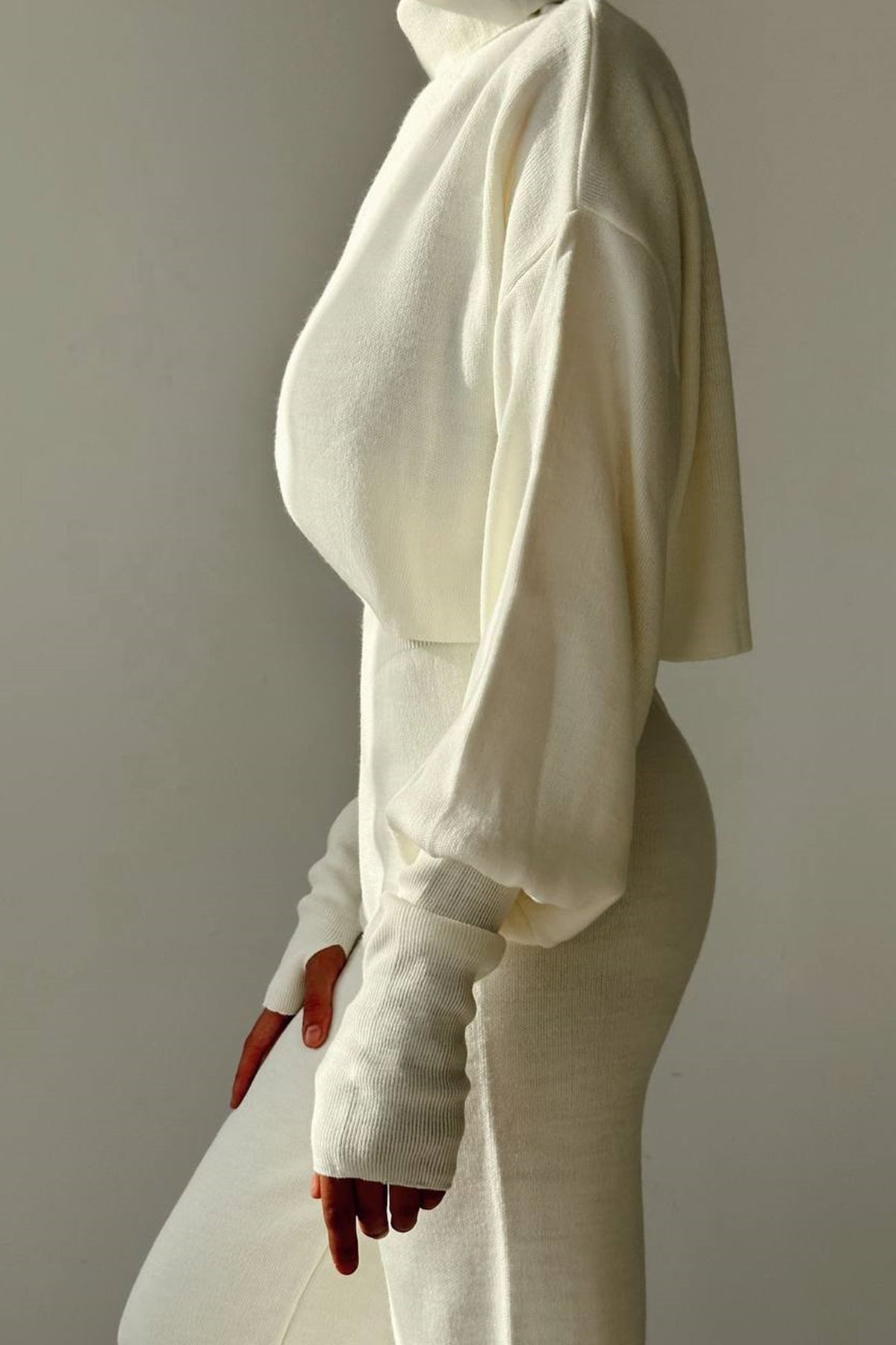 Rollkragenpullover und hochgeschnittene Strickhose (Oberteil und Hose).
