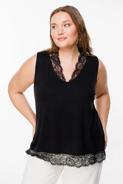 Ärmellose Bluse mit V-Ausschnitt und Spitzendetails