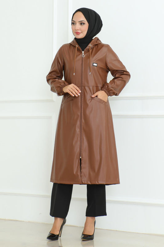 Leder Detailmantel Tan 19213