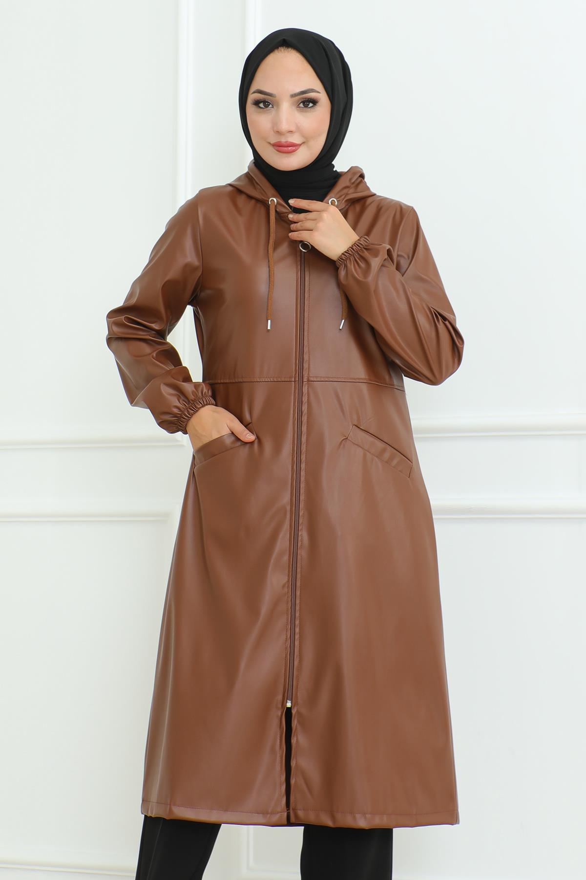Leder Detailmantel Tan 19213