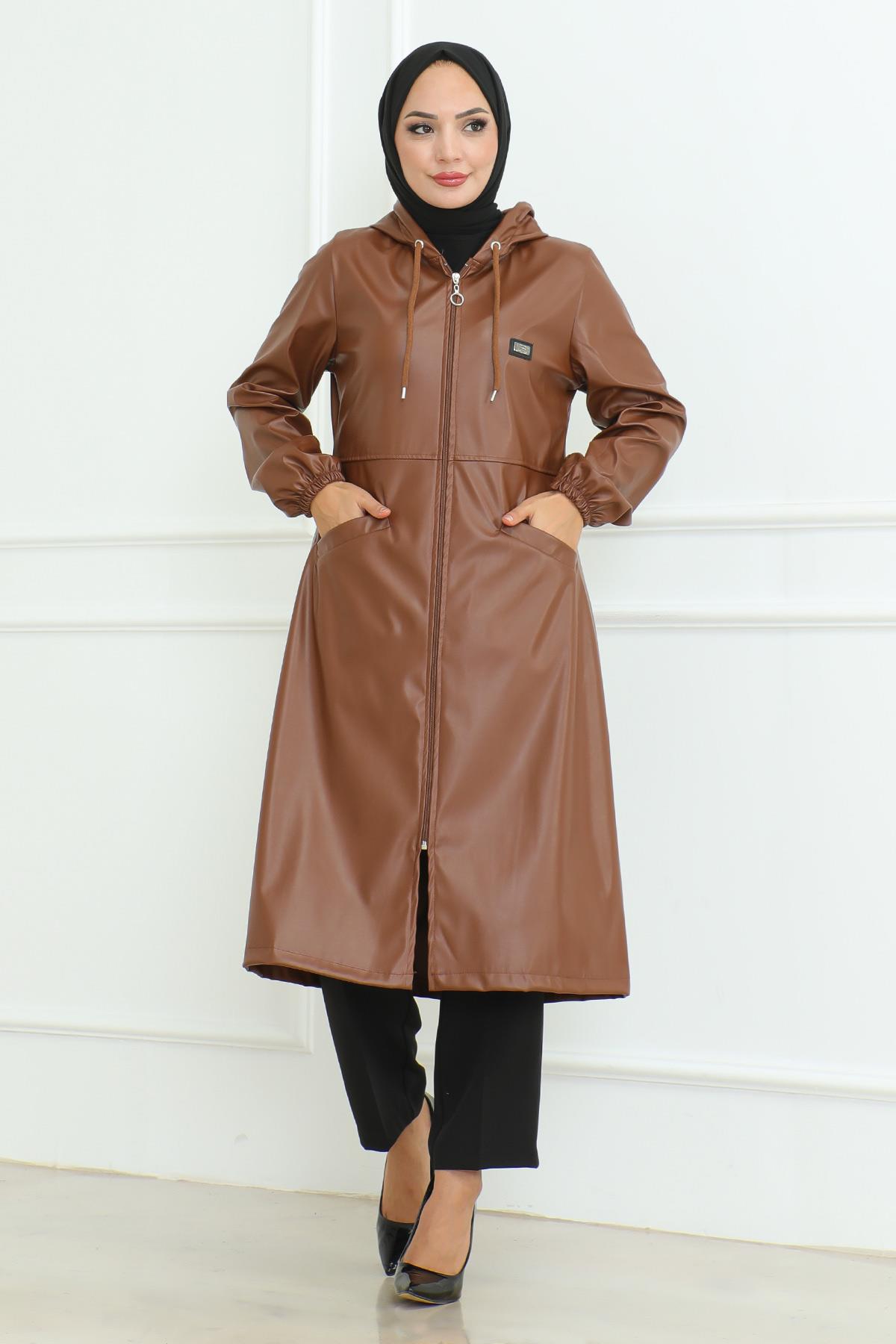 Leder Detailmantel Tan 19213