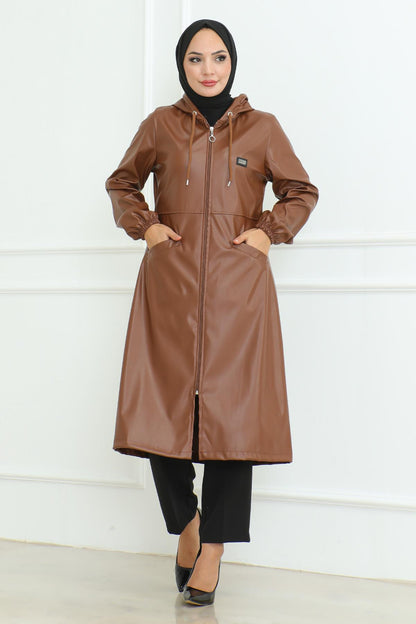 Leder Detailmantel Tan 19213