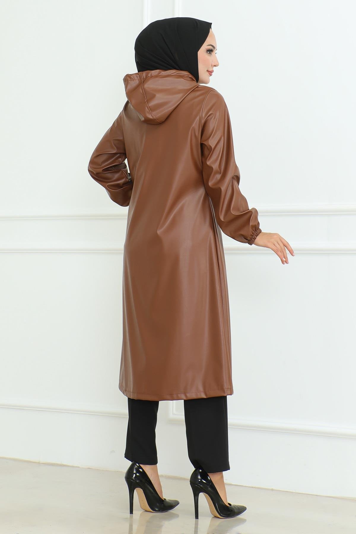 Leder Detailmantel Tan 19213
