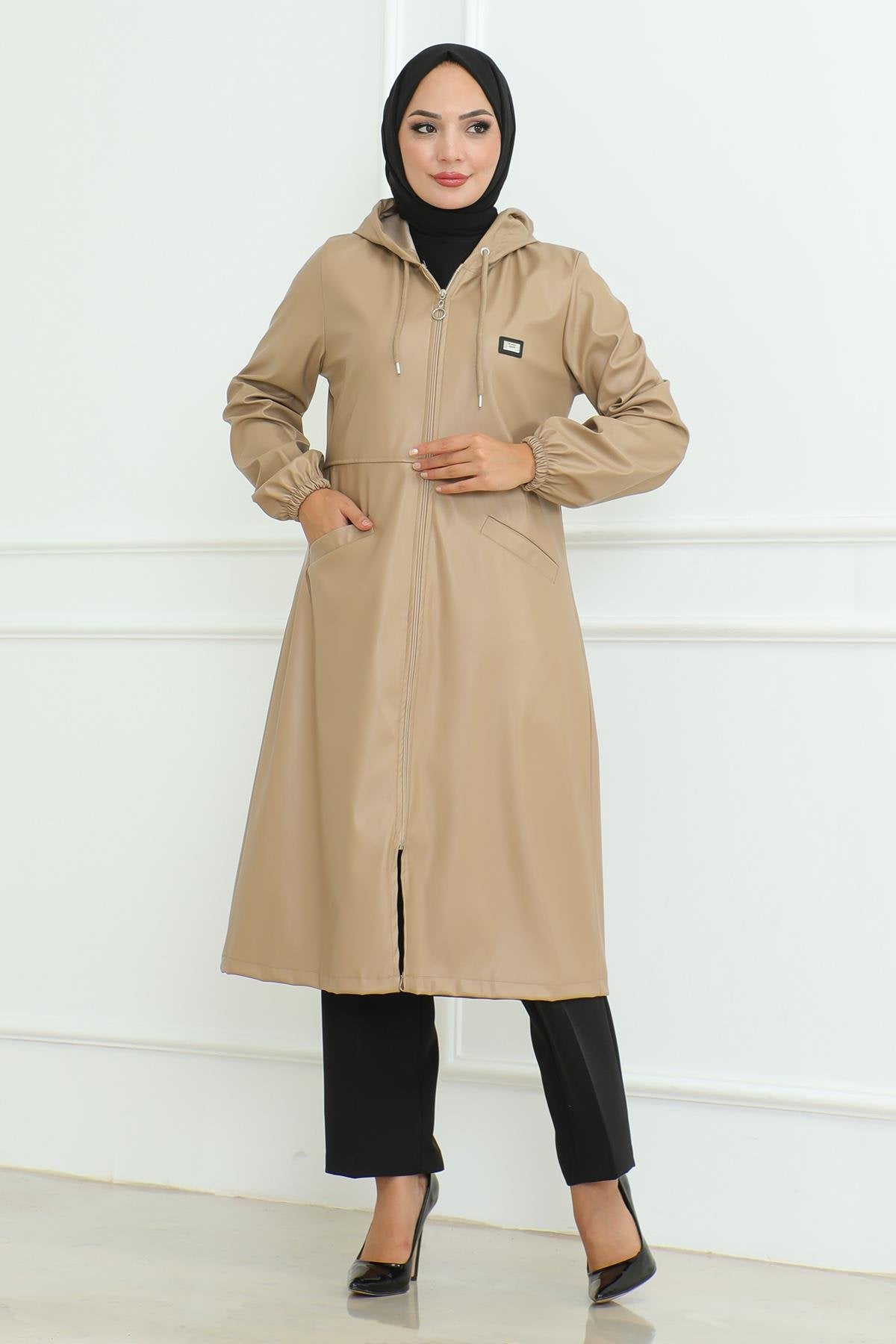 Leder Detailmantel Tan 19213