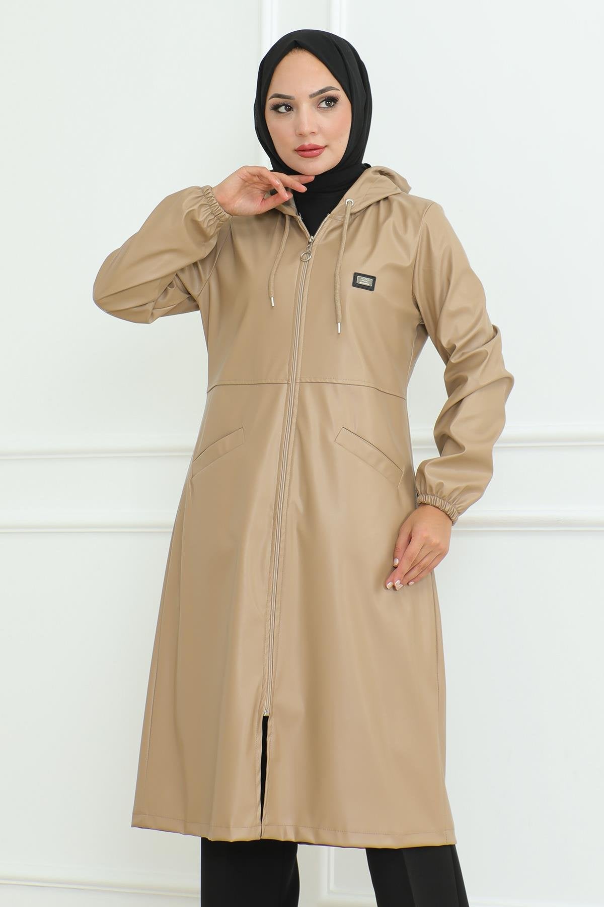 Leder Detailmantel Tan 19213