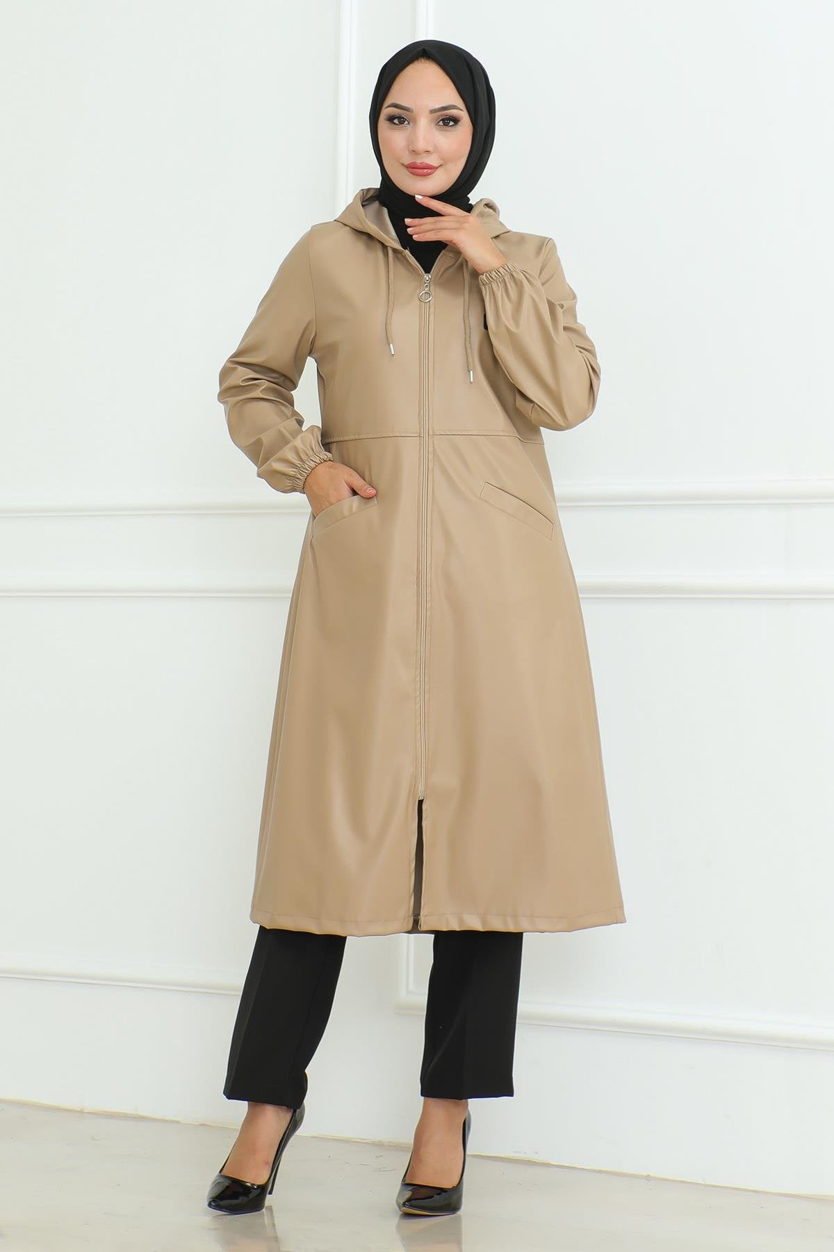 Leder Detailmantel Tan 19213