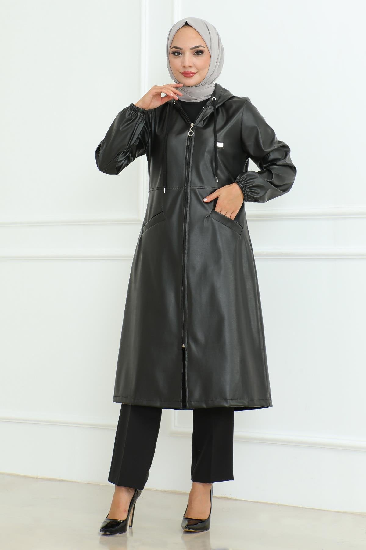 Leder Detailmantel Tan 19213