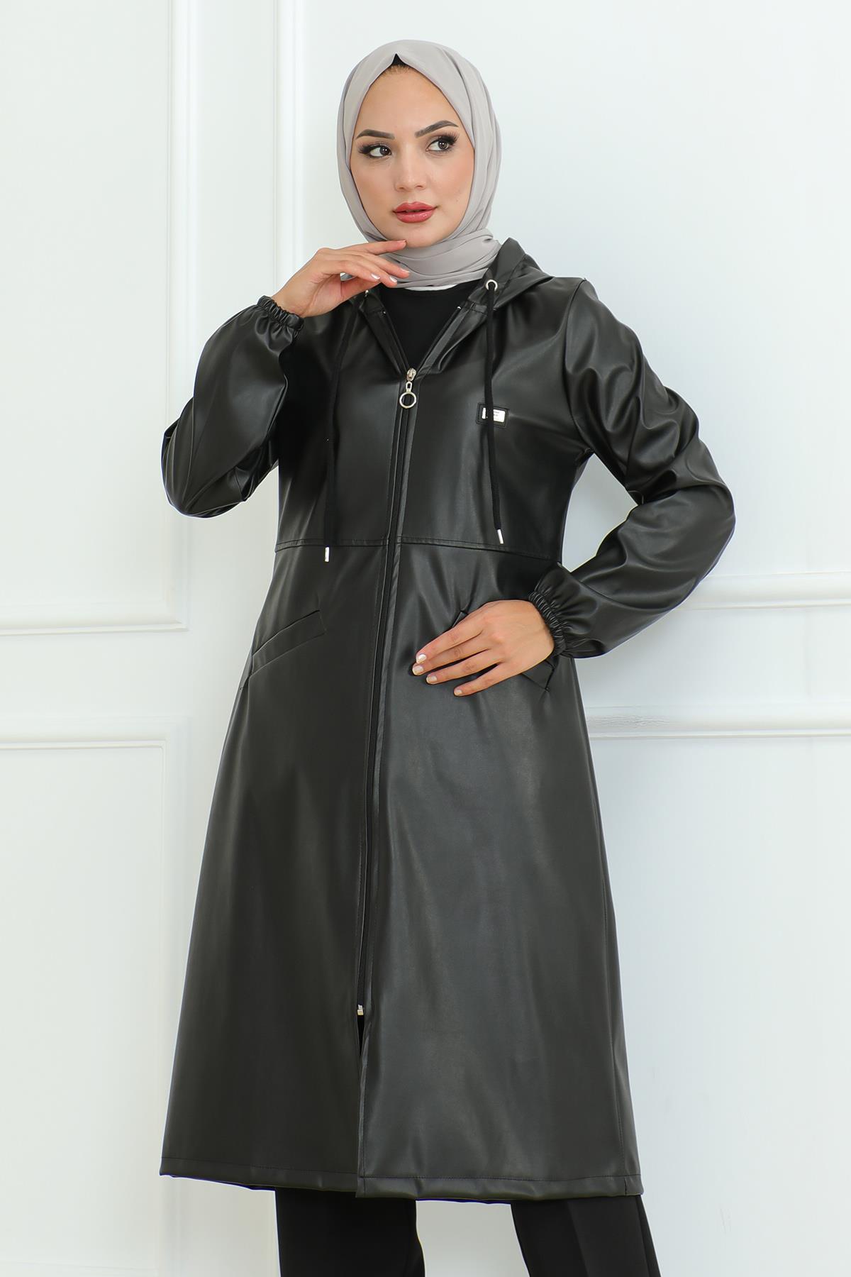 Leder Detailmantel Tan 19213