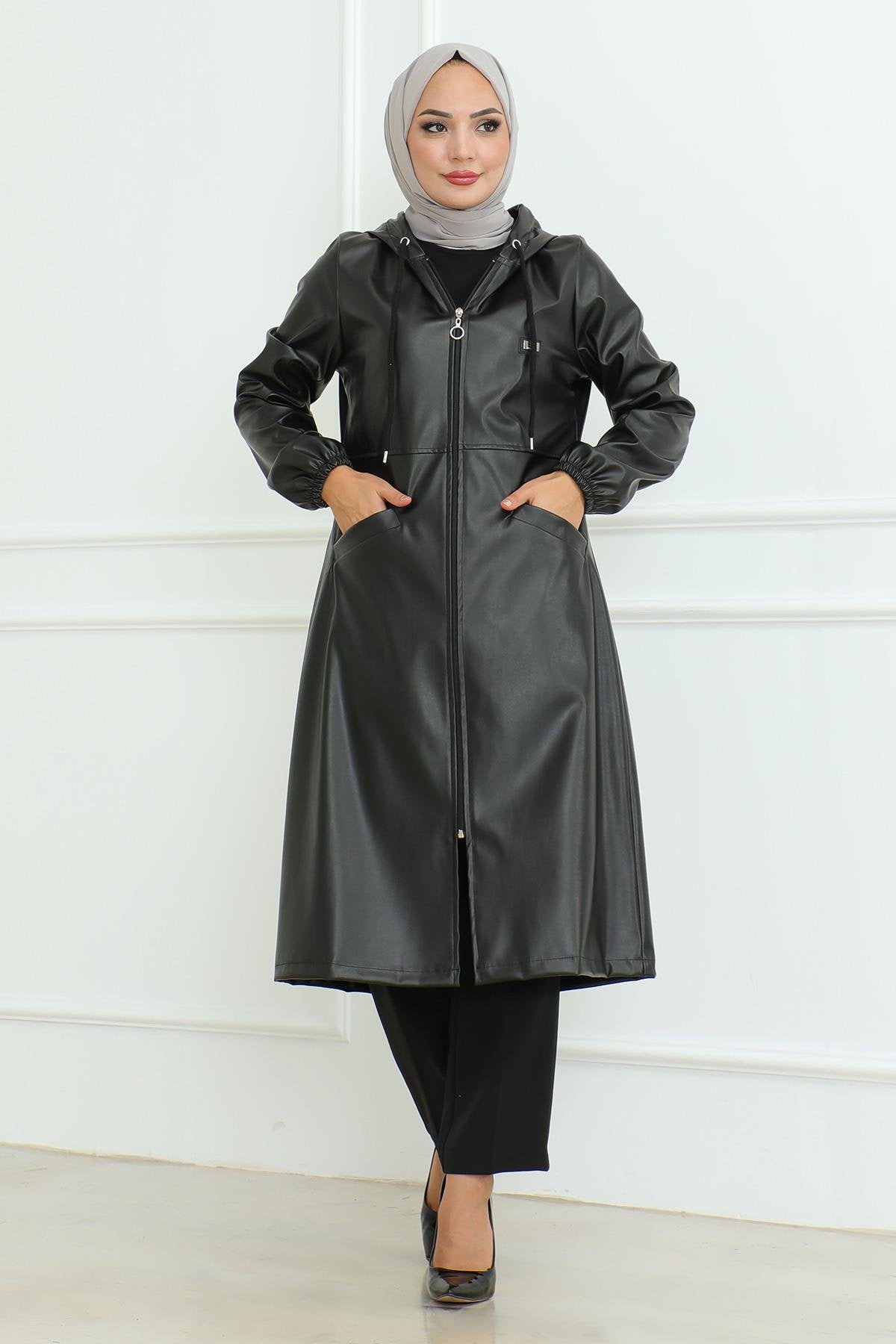 Leder Detailmantel Tan 19213