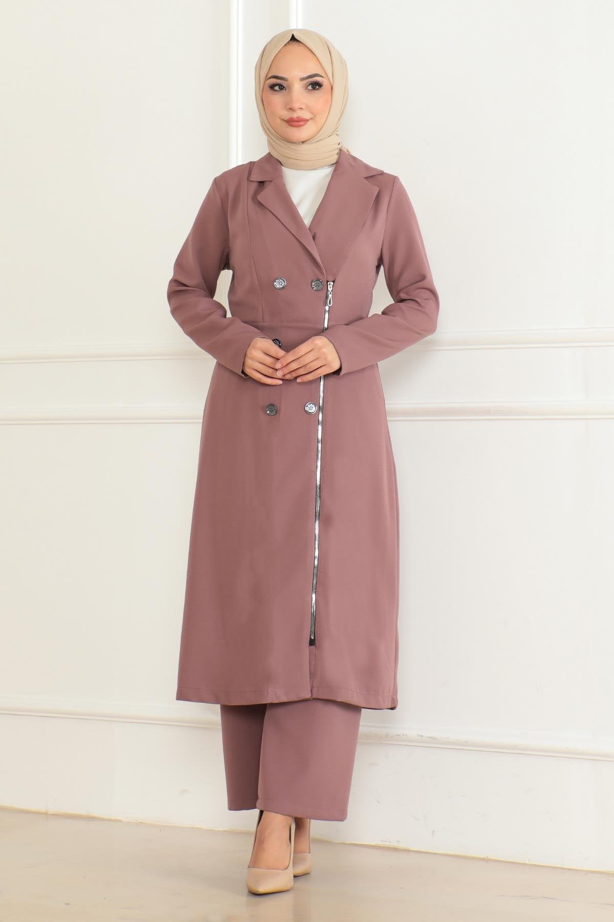 Knopf Detail Reißverschluss-Set in Rosé Pink MSW19219-3