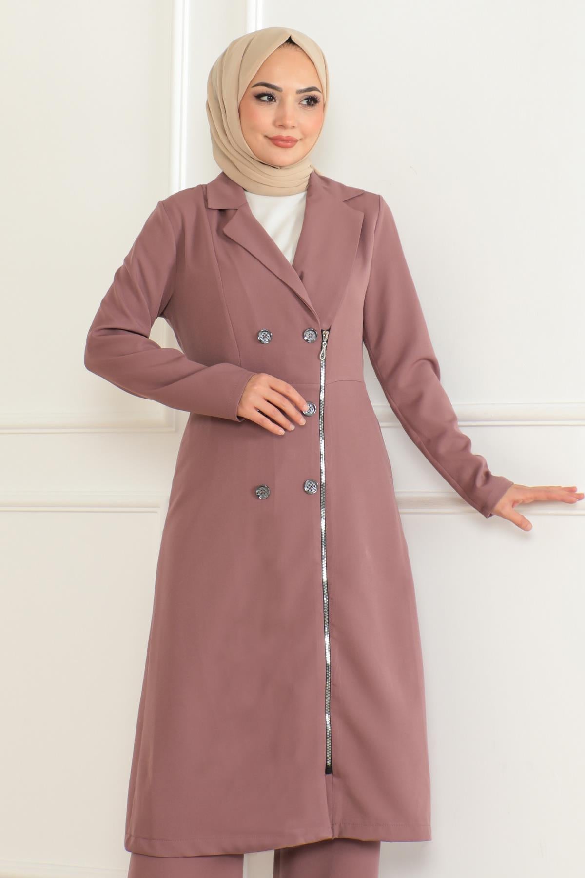 Knopf Detail Reißverschluss-Set in Rosé Pink MSW19219-3
