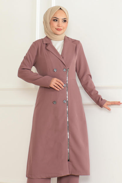 Knopf Detail Reißverschluss-Set in Rosé Pink MSW19219-3