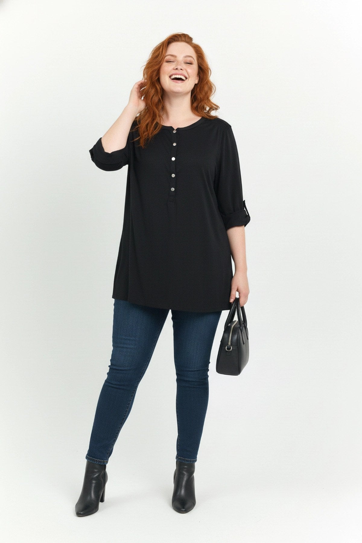 Knopfdetail Bluse mit gefaltetem Ärmel