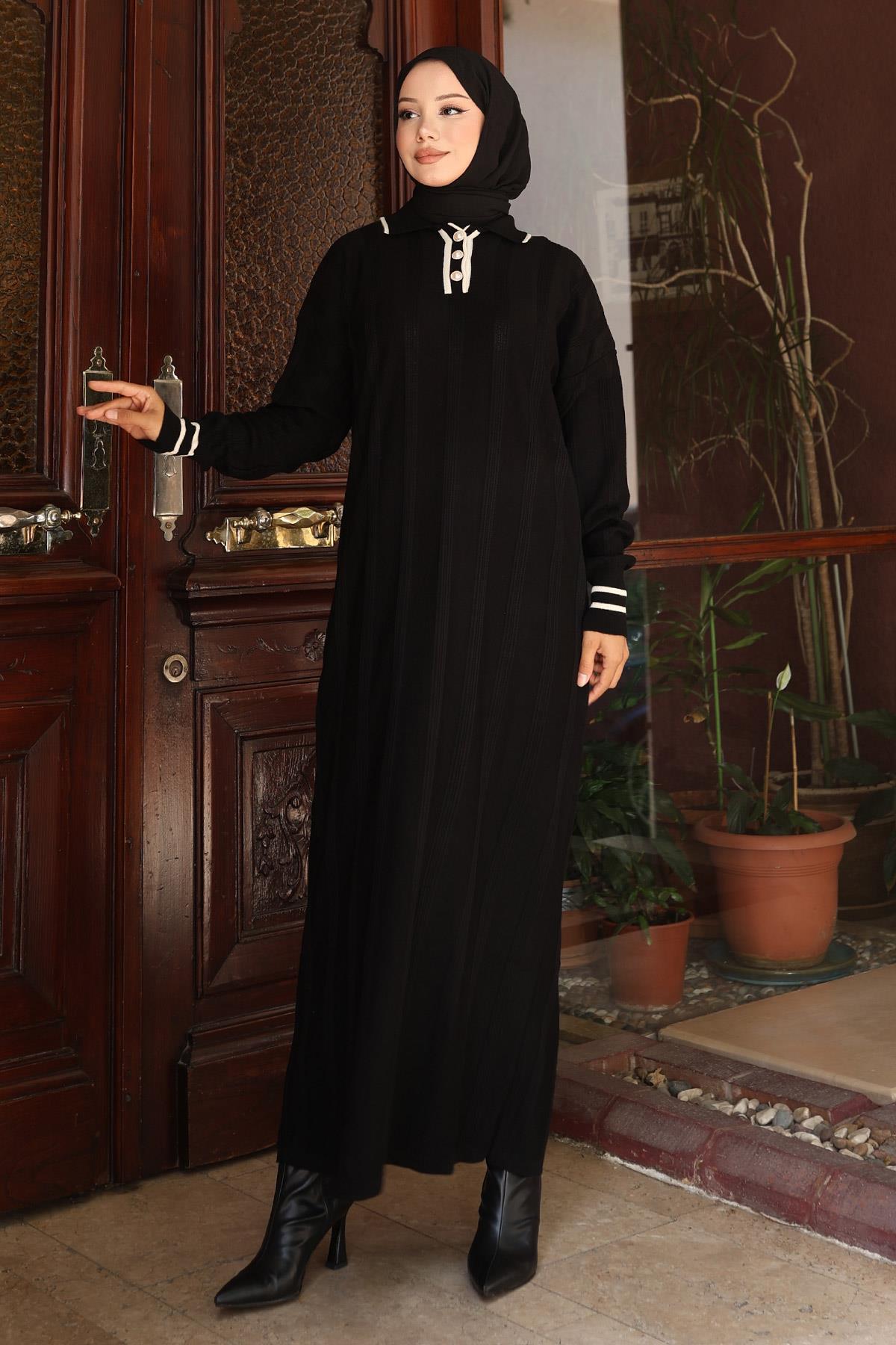 Knopf Detail Strickkleid Schwarz 6153