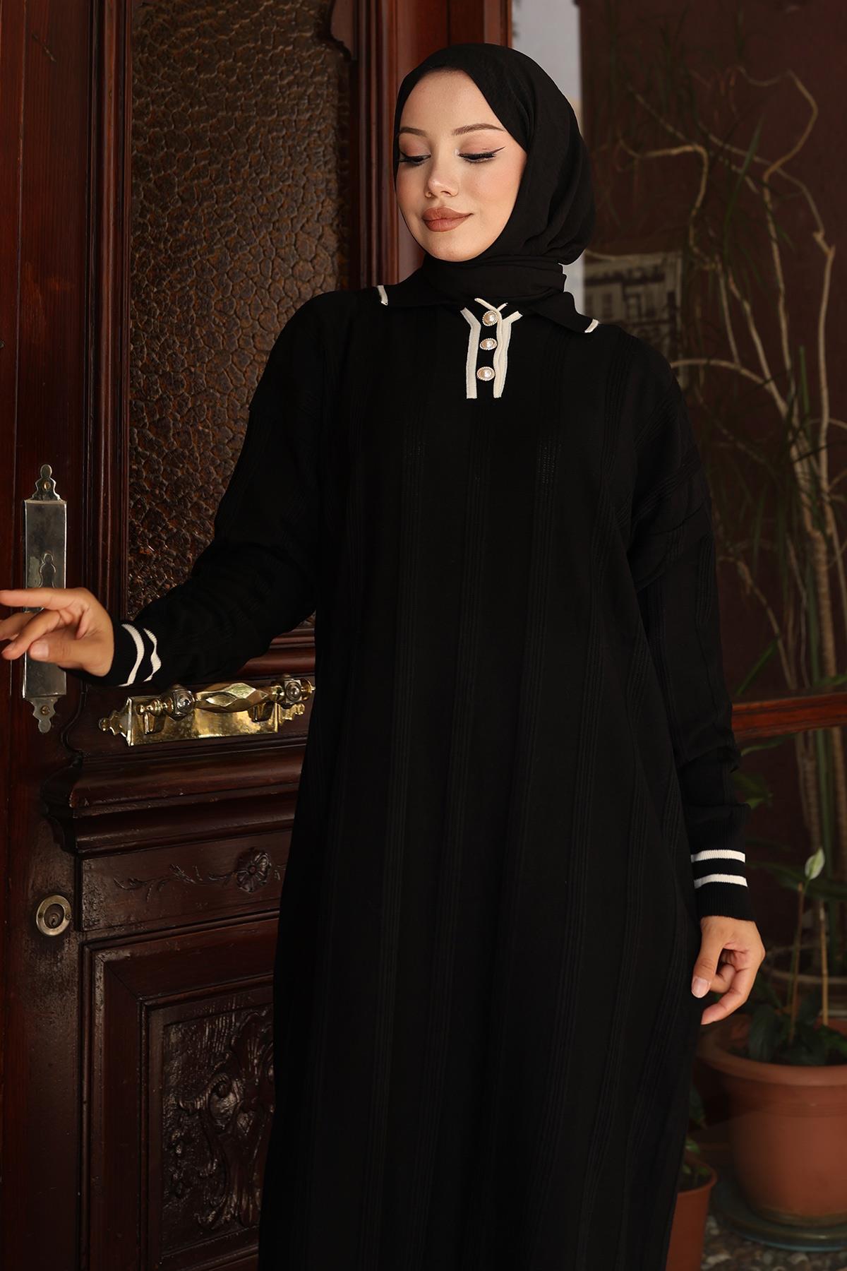Knopf Detail Strickkleid Schwarz 6153