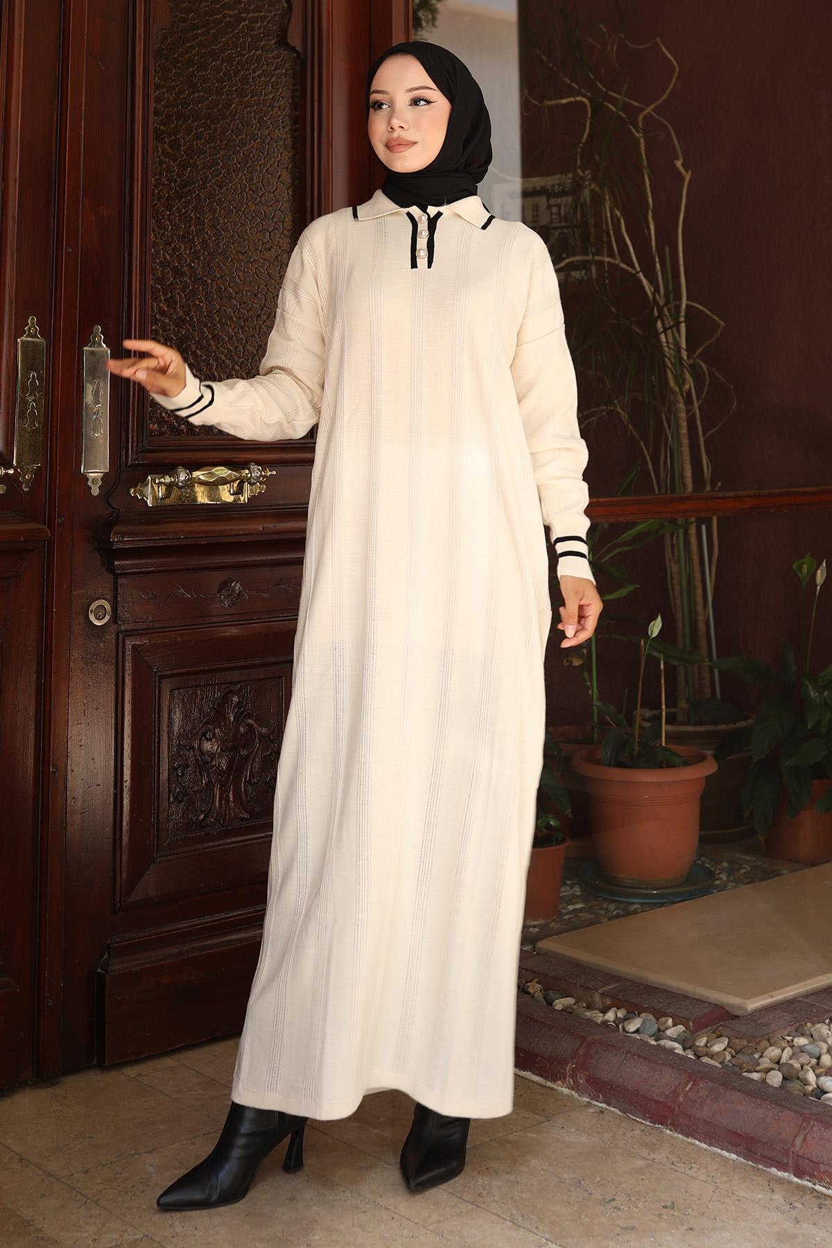 Knopf Detail Strickkleid Schwarz 6153