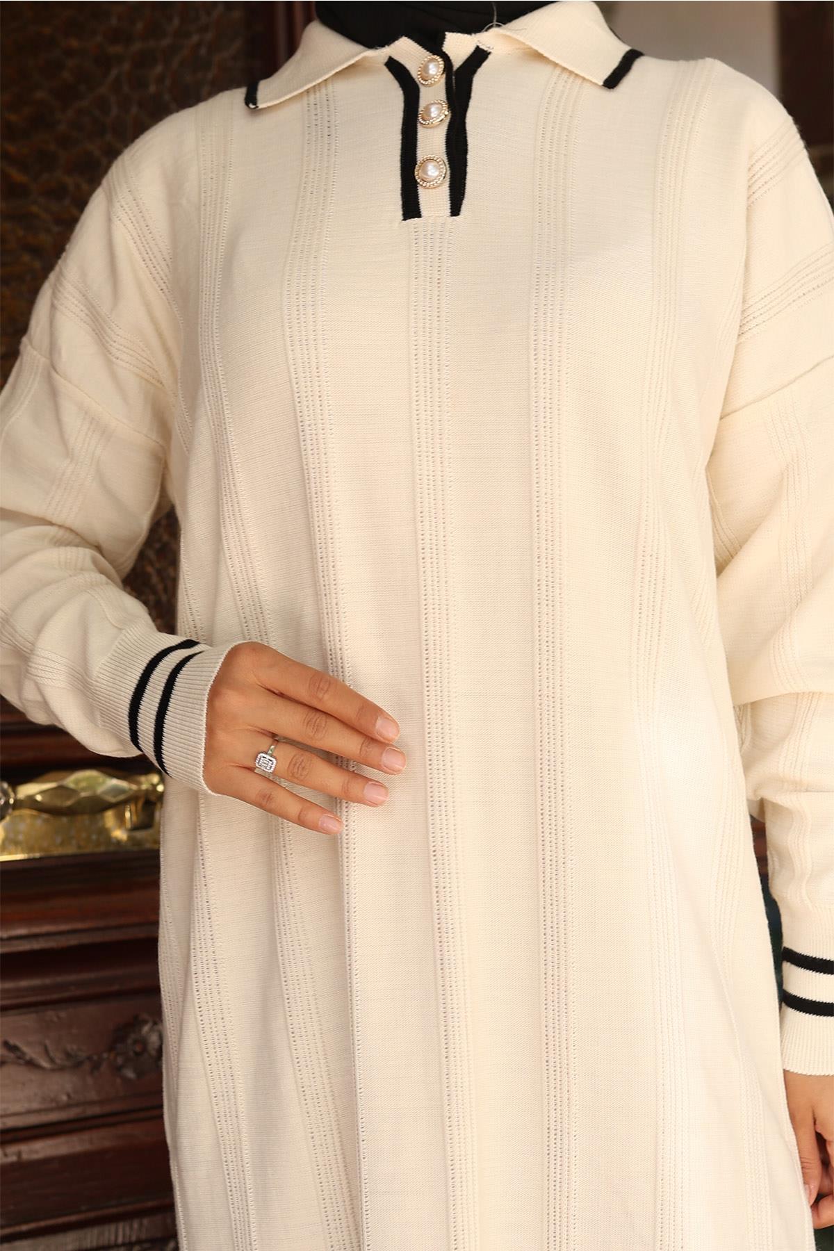 Knopf Detail Strickkleid Schwarz 6153