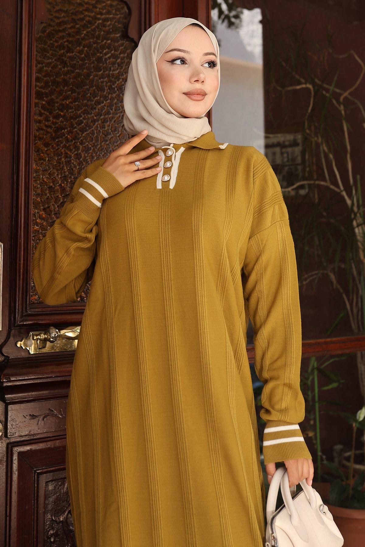 Knopf Detail Strickkleid Schwarz 6153