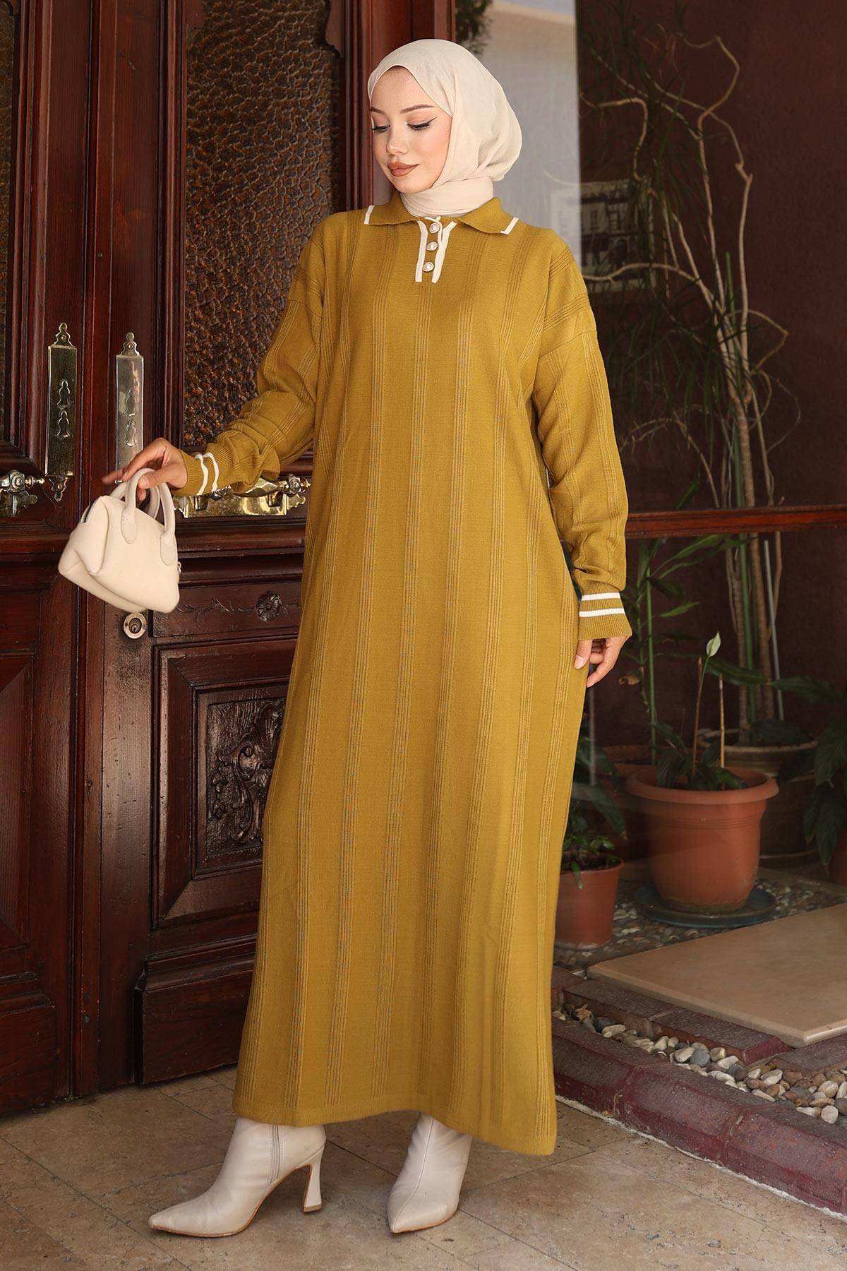 Knopf Detail Strickkleid Schwarz 6153