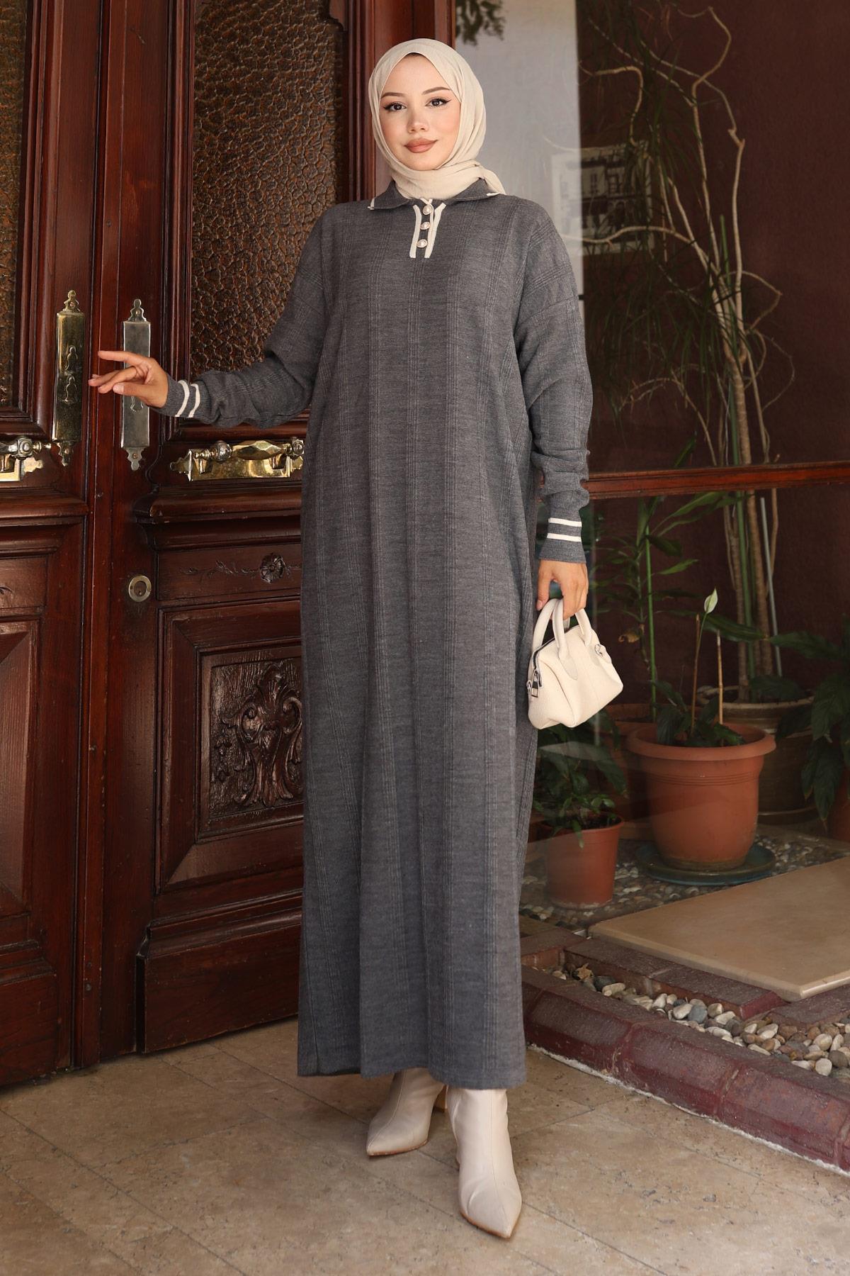 Knopf Detail Strickkleid Schwarz 6153