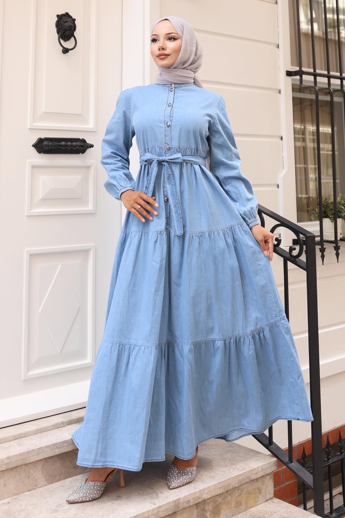 Knopfleinenkleid - Hellblau 19263