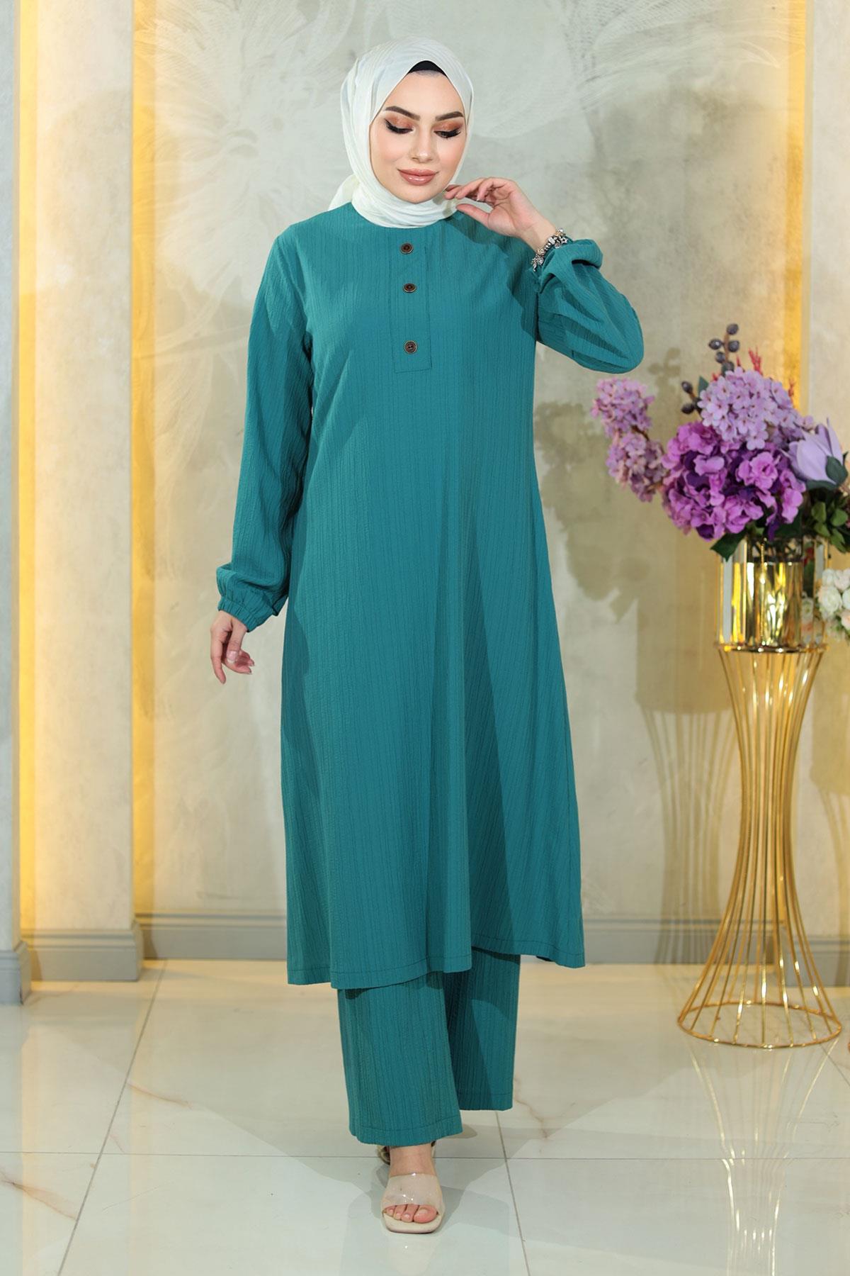 Geknöpftes Türkis Hijab Set MSW10358-7