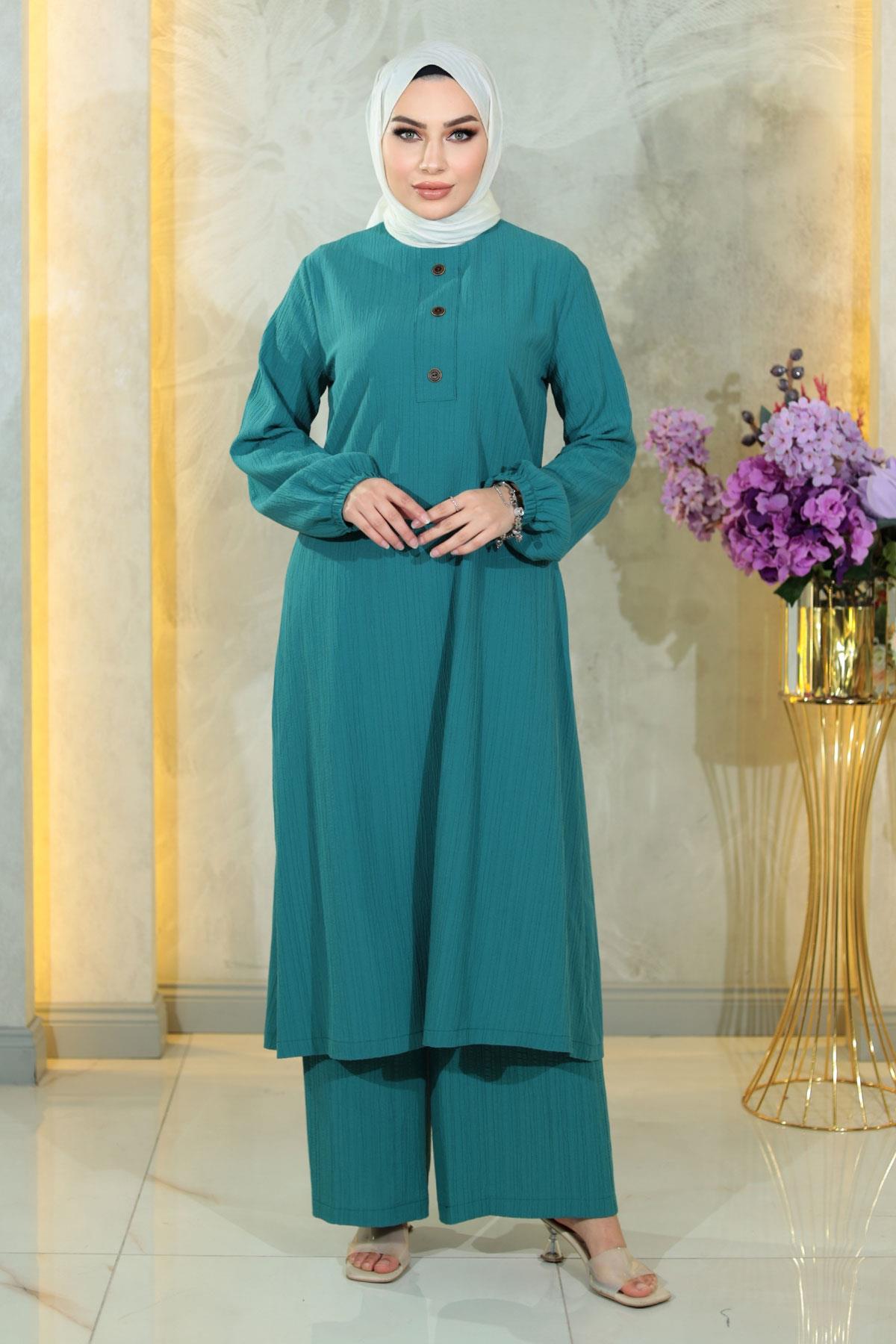 Geknöpftes Türkis Hijab Set MSW10358-7