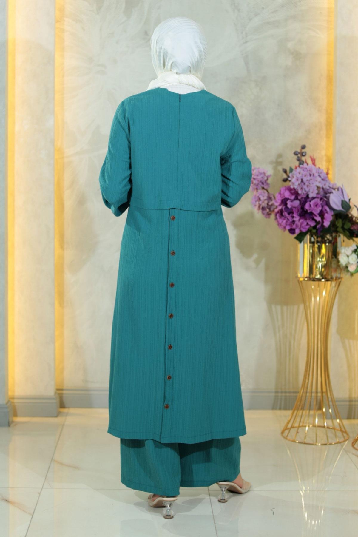 Geknöpftes Türkis Hijab Set MSW10358-7