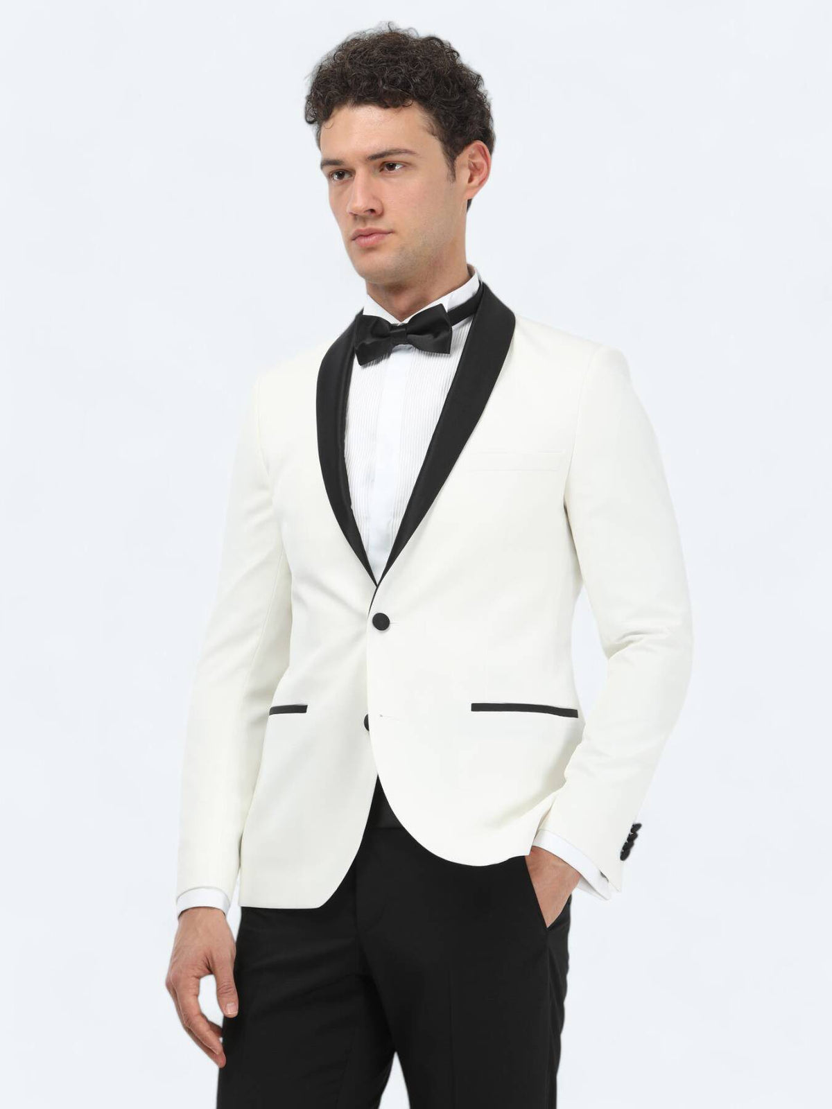 Ecru Slim Fit Smoking mit Schalkragen