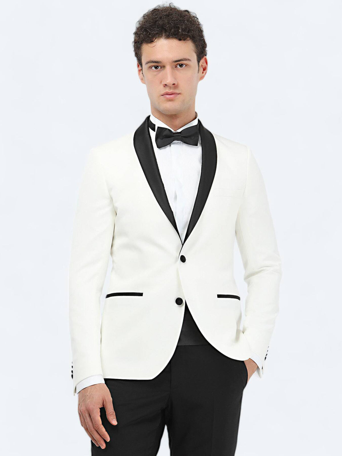 Ecru Slim Fit Smoking mit Schalkragen