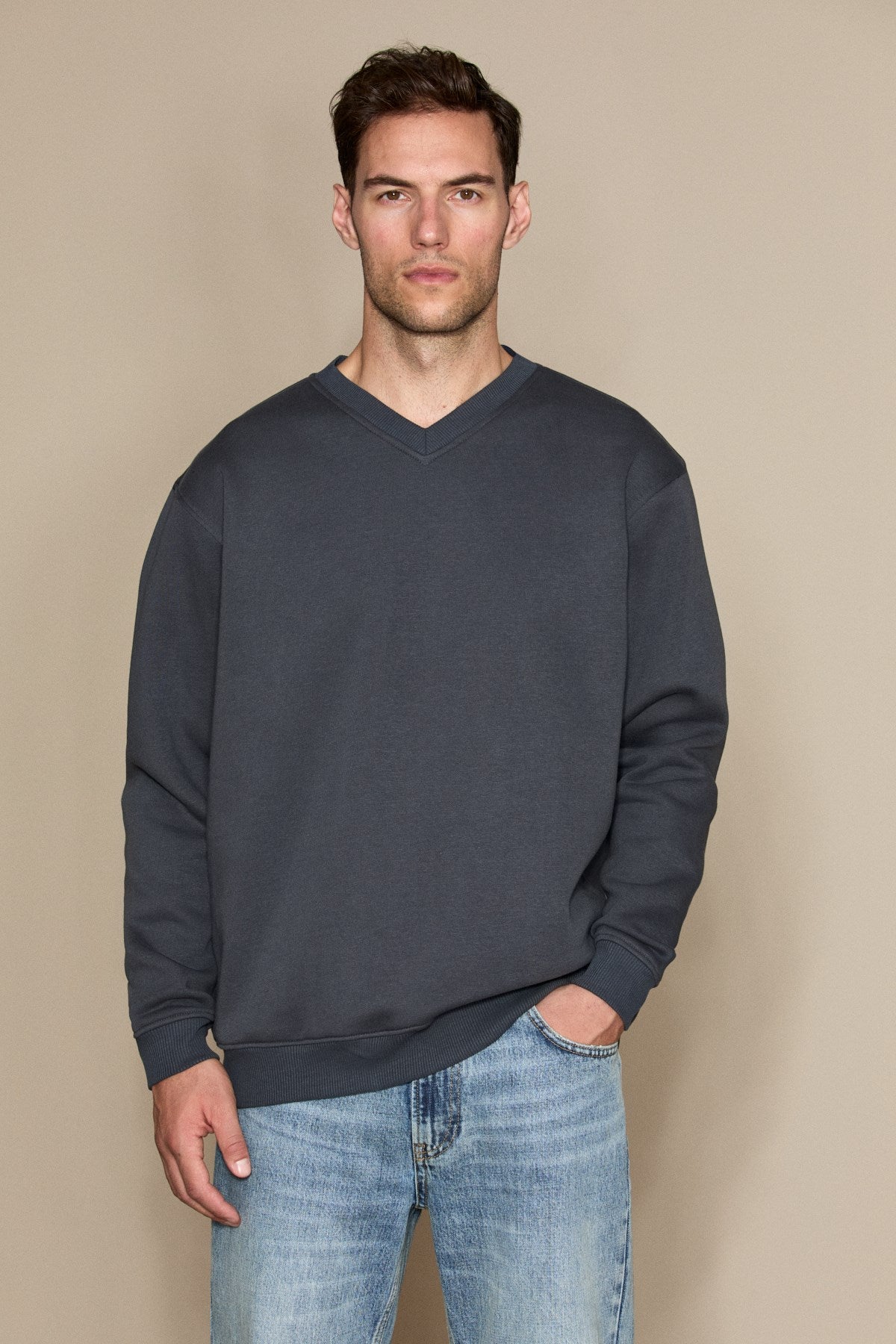 GRIMELANGE ELION Herren Sweatshirt mit V-Ausschnitt Grau