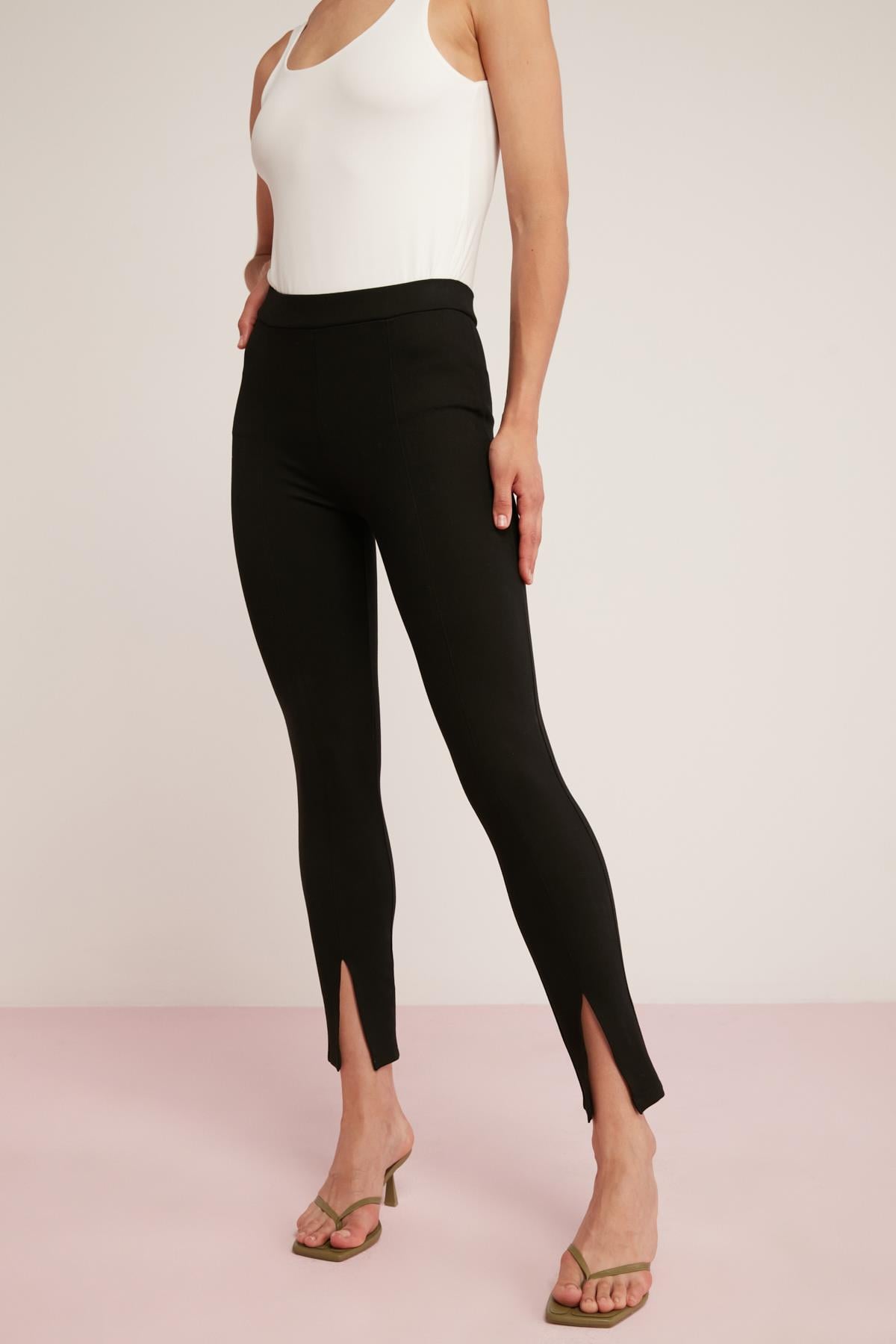 ETHIQUET ELVIRA Damen Rippen Schlitz-Leggings Schwarz