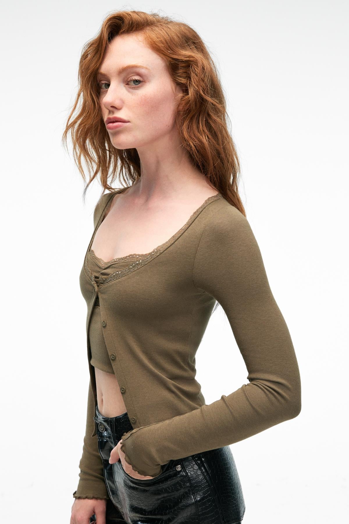 GRIMELANGE ELVURA Damen Spitzenbluse & Weste Set Khaki