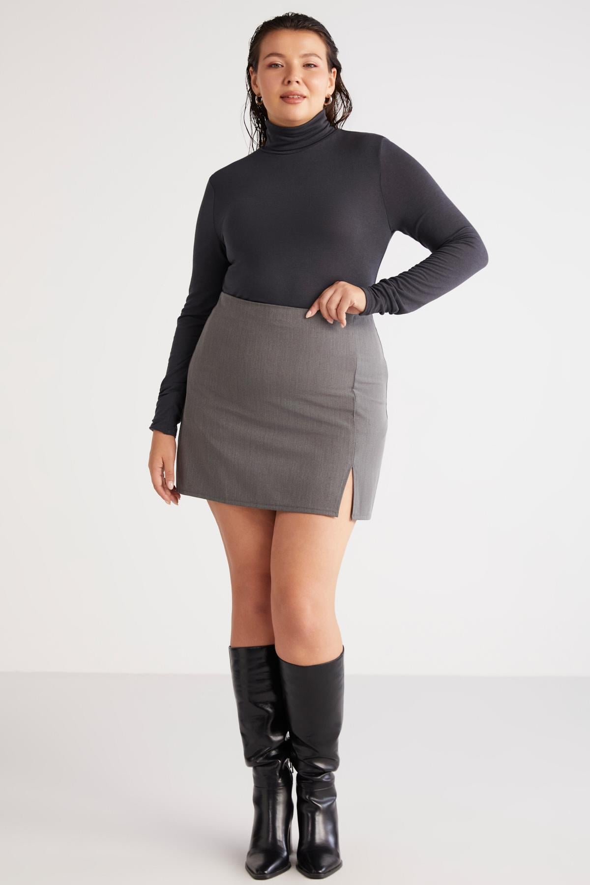 ETHIQUET Damen Plus Size Viskose Rollkragen Bluse Anthrazit
