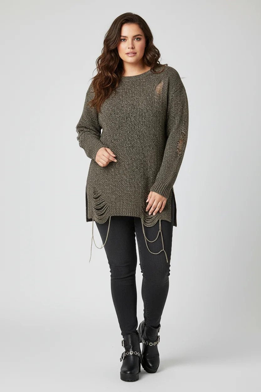 Langärmeliger Strickpullover mit Schlitzen