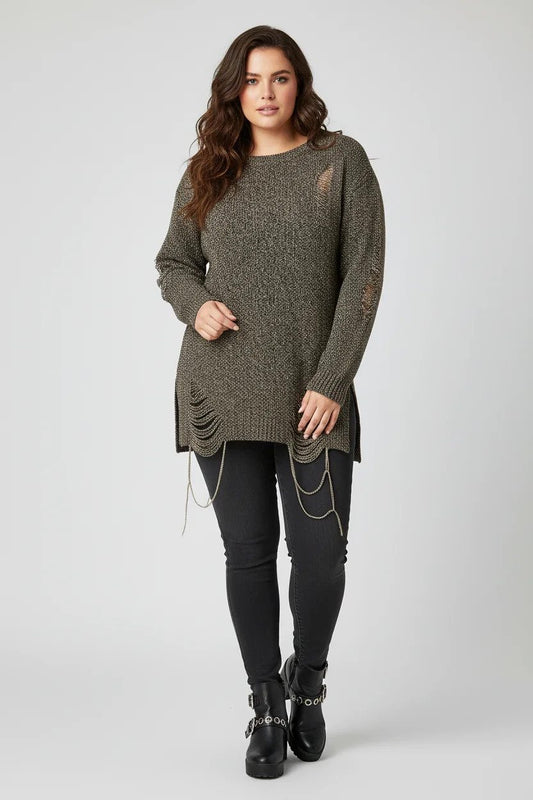 Langärmeliger Strickpullover mit Schlitzen