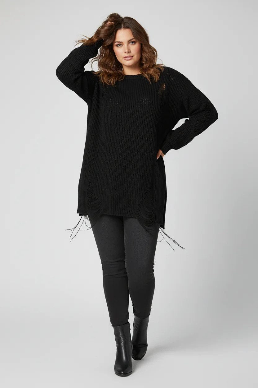 Langärmeliger Strickpullover mit Schlitzen
