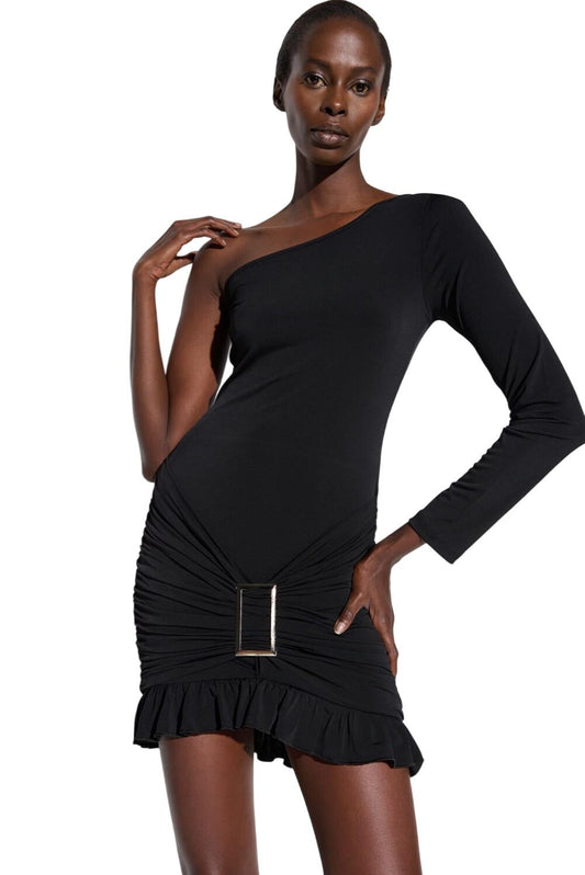 Einärmeliges Kleid mit Gürteldetail und Rüschen