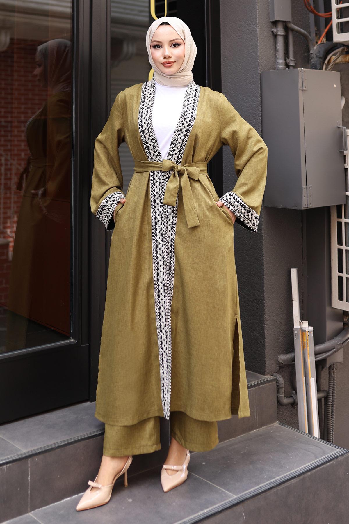 Ethnisches Druck Kimono Set Olive MSW19251-4