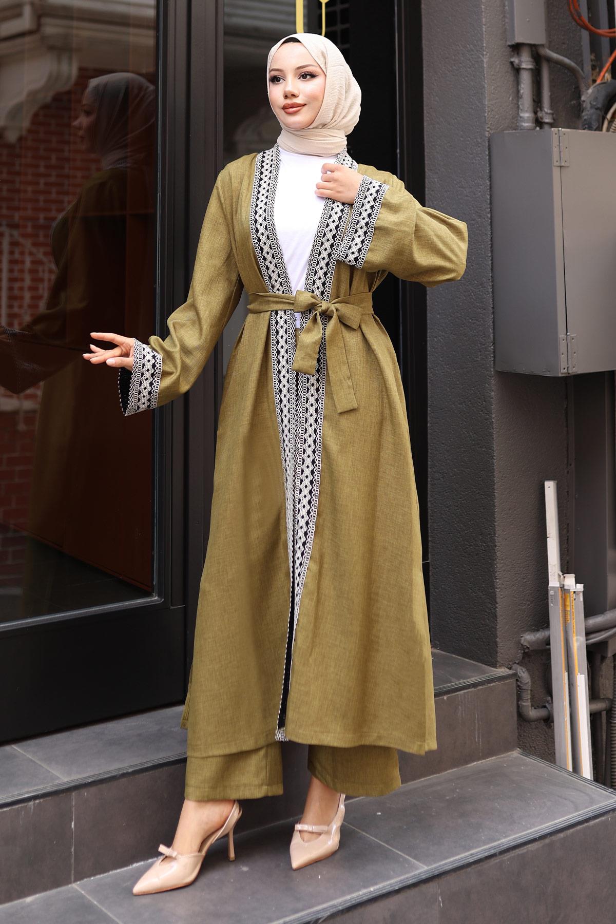 Ethnisches Druck Kimono Set Olive MSW19251-4