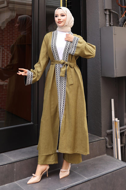 Ethnisches Druck Kimono Set Olive MSW19251-4