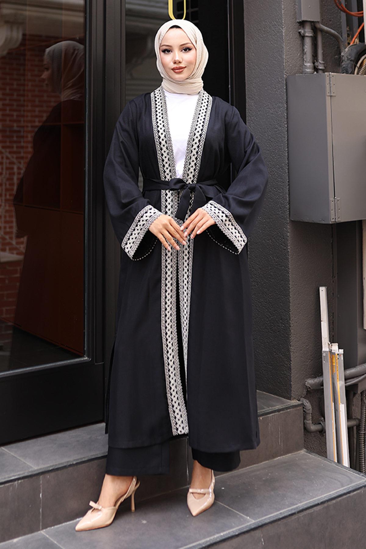 Ethnisches Druck Kimono Set Schwarz MSW19251-1