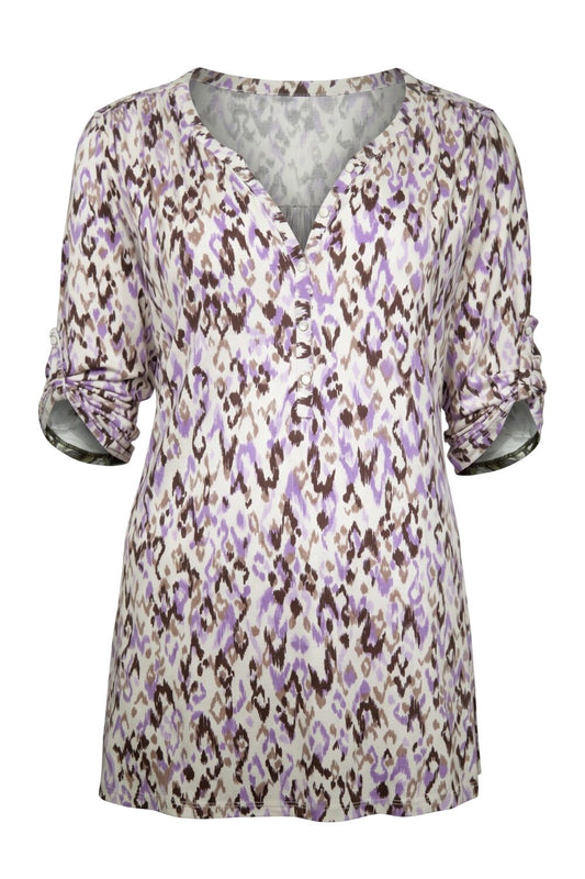 Ethno-Print V-Ausschnitt Bluse mit Knöpfen