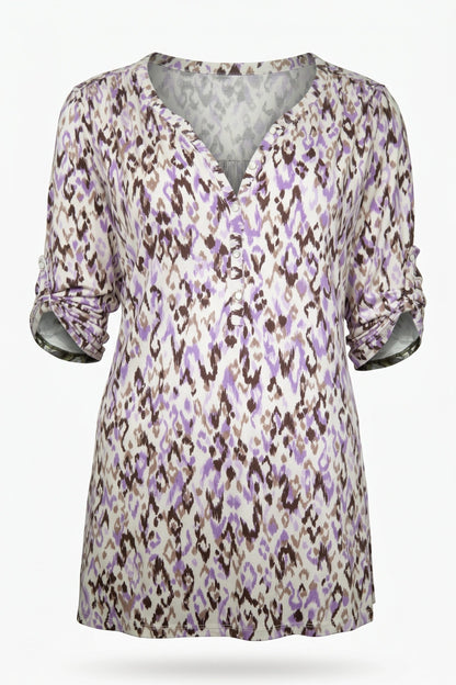 Ethno-Print V-Ausschnitt Bluse mit Knöpfen
