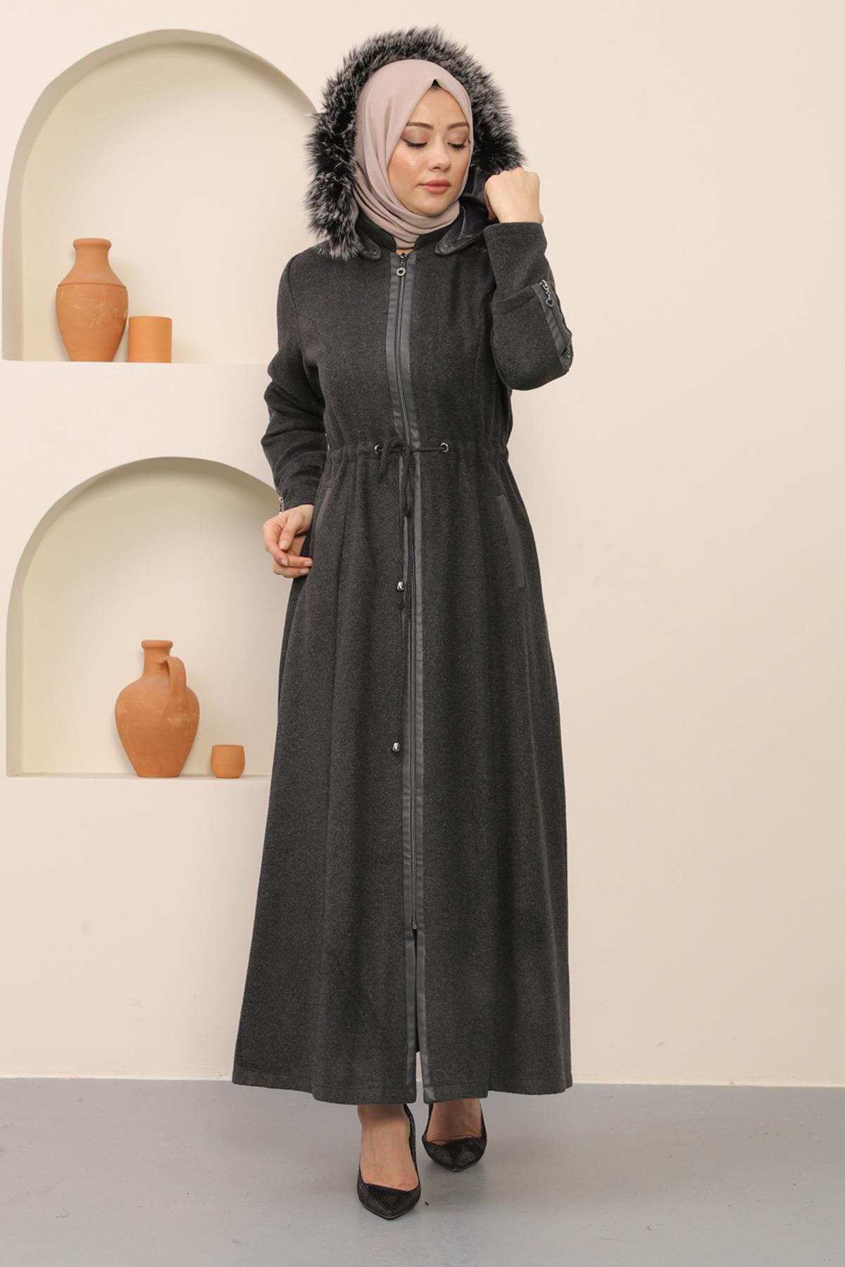 Reißverschluss Leder Detail Wollmantel Anthrazit 12264
