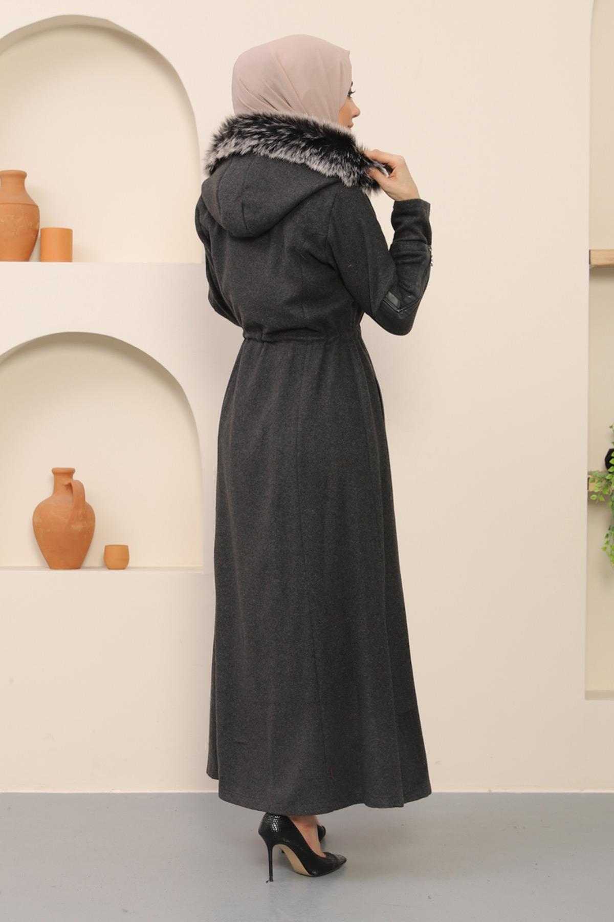 Reißverschluss Leder Detail Wollmantel Anthrazit 12264