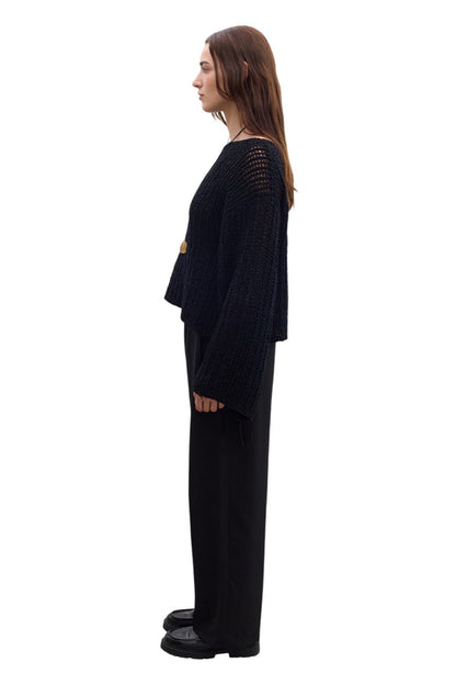 SCHWARZER MESH-STRICKPULLOVER