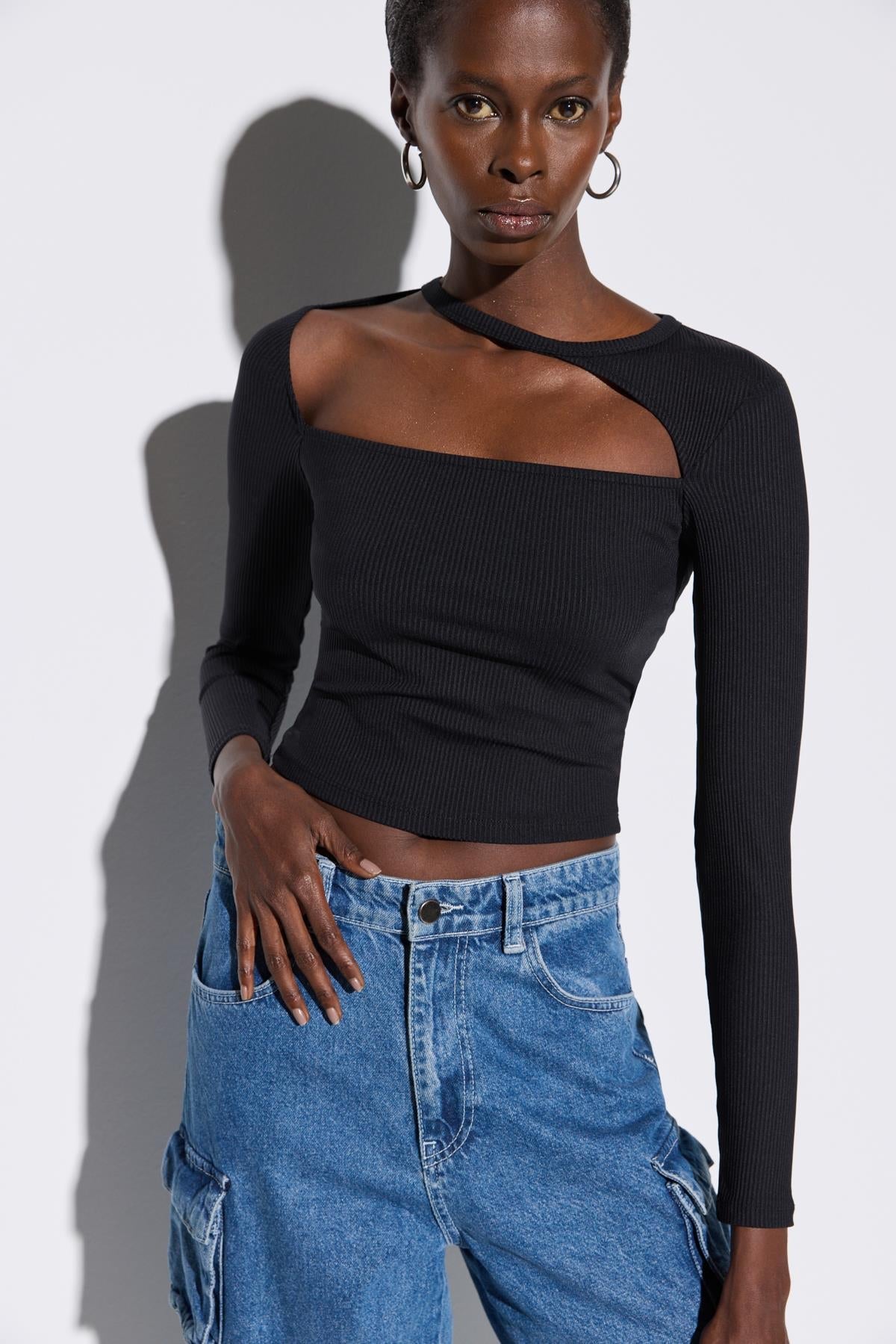 Gerippte, langärmelige Crop-Bluse