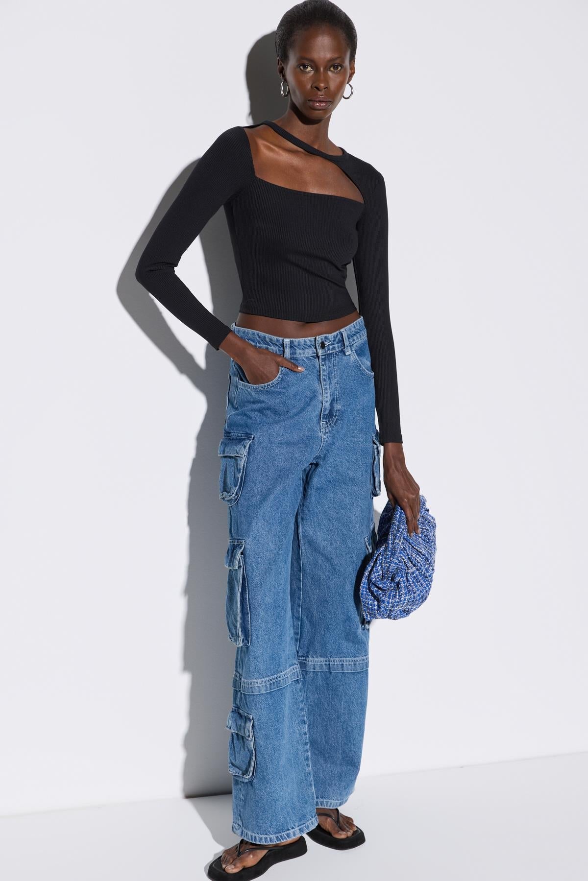 Gerippte, langärmelige Crop-Bluse